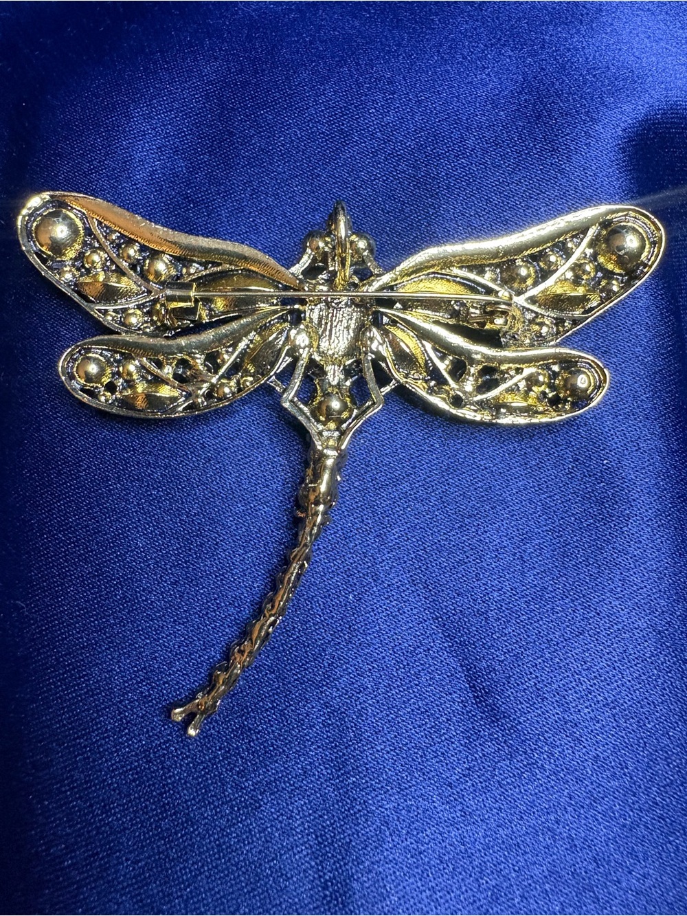 Brooch Dragon Fly Deep Royal Blue Tones Rhinestones Gold Setting Statement - Picture 3 of 8